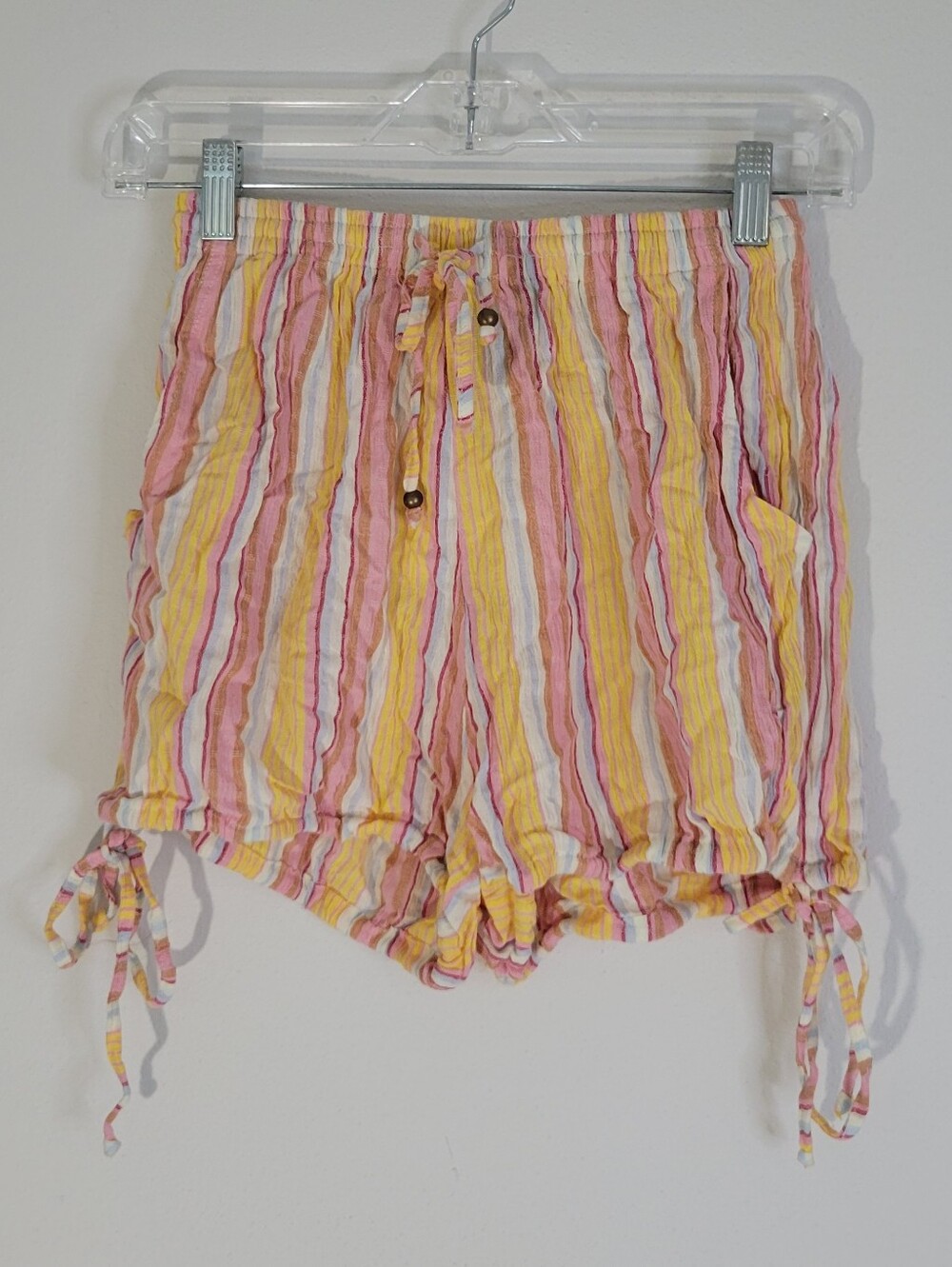 Angie Yellow, Pink &Waist width: 1 White Striped High-Waist Shorts Women Size S.